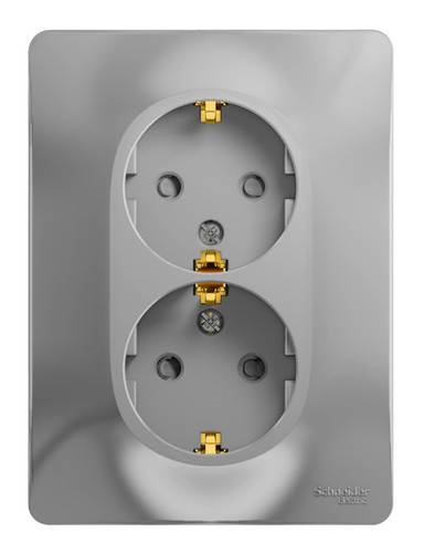 Розетка двухместная Schneider Electric GLOSSA, скрытый монтаж, с заземлением, со шторками, алюминий